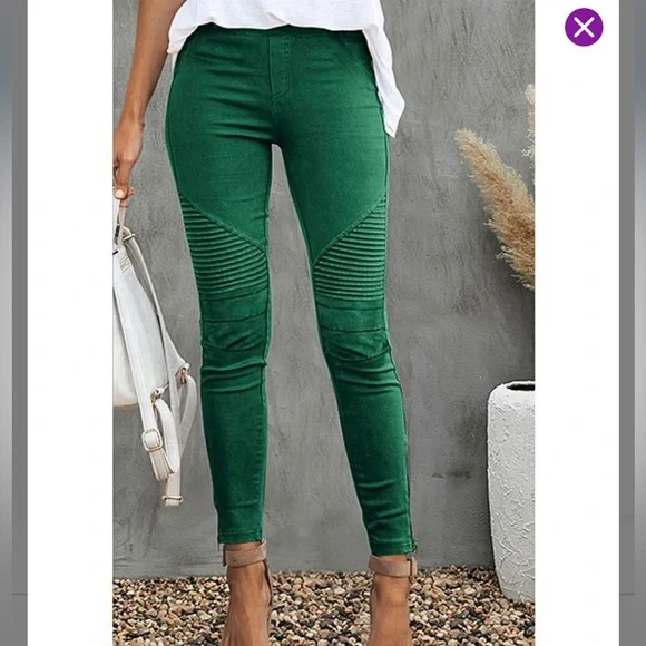 Green Ribbed Ankle- Zip Skinny Pants - Picture 1 of 4